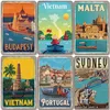 Vintage Famous City Landscape Metal Painting Wall Poster Plate Beach Signs Budapest Malta Sydney Tin Plate Retro Art Decor for Living Room Home 20x30cm