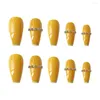 False Nails 24pcs Turmeric French Chain Drill With Glue Rhinestones Inlaid Fake Long Coffin Head Sweet Style Press On Nail