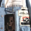 Frauenjacken 2022 Herbst Frauen -Denimjacke Vintage Overtader Applikationen Muster Jeans Schwarzer Mantel weibliche lässige lose Oberbekleidung
