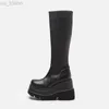 Boots Women Leather Shoes Spring Winter High Platform Heels Elasticity Motorcycles Black Boots Goth Zip Women's Boots Knee High L220915