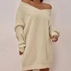 Robes décontractées tricoté col en v femmes pull pull lâche goutte épaule élégant solide femme robe 2022 automne bureau dame chandails