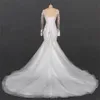 Sjöjungfrun bröllopsklänning stor svans elegant spets klar nät smal passform och smal långärmad my20606