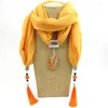 Berets Women Scarf Ceramic Beads Fringed Peacock Pendant Plain Color Long Tassel Necklace Shawl Ethnic Style Jewelry