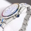 Full Diamantklocka Herr Automatiska Mekaniska Klockor 40 mm Med Diamant-besatt stålarmband Regnbågsfyrkantiga Diamanter Urtavla Safir Armbandsur Montre de Luxe