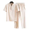 Herrsp￥rar Summer Men Tracksuit Kinesisk stil Solid Color V Neck Kort ￤rm Top Nionde Pants Set Sportwear Fashion Male Suit Tv￥ bit 220914