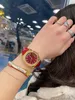 Luxus Frauen Quarz Wochen Uhren Rose Gold Farbe Kalender Armbanduhr Datum Uhr Weibliche Echtes Leder Glas Uhr Rotes Zifferblatt wasserdicht 33mm