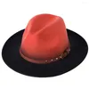 Berets Autumn Winter Two-tone Fedora Hat Women's Belt Chain Jazz Top Wide Brim Straight Edge Wool Felt Men's Warm Panama