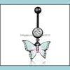 Nippelringar Navel Belly Nipple Ring Inlay Crystal Rhinestone Women Drop Oil Fjäril