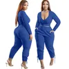 Fall Women Two Piece Bandage Pants Set Plus Size 5XL Tracksuit Long Sleeve V-neck Crop Top Trousers Outfits Ladies Sportswear