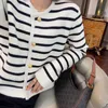 여자 니트 티 티 흰색 검은 줄무늬 짧은 가디건 여성 한국 패션 스웨터 우아한 긴 슬리브 탑 스프링 카디건 여성 트래프 220915