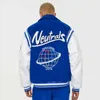 Herrjackor Hip Hop Baseballjacka Herr Streetwear Retro PU-ärm Läderbroderikappor Herr Harajuku Neutrals Blå Varsity Bomber Coat T220914