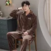 Heren slaapkleding mannen pyjama's passen lange mouwen broek revers revers een verscheidenheid aan driedimensionale gesneden fleece v-neck home service herfst winter