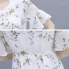 Casual Kleider Frauen Süße Oansatz Chiffon Kleid 2022 Drucken Floral Kurzarm Elegante Chic Schlanke Taille Temperament Rüschen Midi