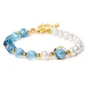 Strand Fashion Facetado Blue Quartzs Bracelet Natural Pearl Gold Color Bracelets