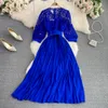 Summer beauty temperament dress Round neck hollowed out lace splicing chiffon pleated elegant temperament big hem long skirt