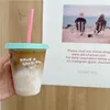 Water Bottles Ins Korea Cartoon Print Summer Coffee Cup Reusable Plastic Straw Large Capacity Drinking For Juice Milk 470/700ml