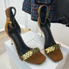 Designerskor Originalkvalitet Lady Classic Sandals Women Dress Womens äkta läderpumpar Bröllopsfestkontor Karriär Black Golden Gold Open Toes 9,5 cm Heel