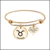 Charm Bracelets 12 Constellation Zodiac Bangle Cuff Take Time Enjoy Every Day Letter Carved Heart Coin Charm Stainless Steel Adjustab Dhos0