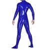 Fashion Catsuit Costumes PVC Faux Leather Blue Long Sleeve jumpsuit With Front 3-Ways Zipper Through Crotch Body Suit for adults Custom Made