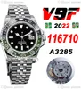 V9F GMT II Sprite A3285 Automatische heren Watch V4 40mm 116710 Groene keramische bezel Zwarte wijzerplaat 904L Jubileesteel Bracelet Super Edition dezelfde serie kaart Puretime B2