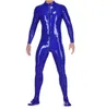 Modne kostiumy Catsuit Pvc Faux skórzany niebieski kombinezon z długim rękawem z przednim 3-drożnym zamkiem błyskawicznym przez Crotch Body Suit dla dorosłych wykonane na zamówienie