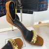 Designerskor Originalkvalitet Lady Classic Sandals Women Dress Womens äkta läderpumpar Bröllopsfestkontor Karriär Black Golden Gold Open Toes 9,5 cm Heel