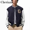 Herrjackor Cheriaza Autumn Men American Retro Bomber Jacket Sea Blue Long Hleeves Casual College Style Splicing Ytterkläder Male Coat Top T220914