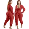 Fall Women Two Piece Bandage Pants Set Plus Size 5XL Tracksuit Long Sleeve V-neck Crop Top Trousers Outfits Ladies Sportswear