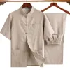 Tracce maschili da uomo ricami grigi in stile cinese uomo abito cotone lino cotone wu shu uniforme maniche lunghe set chi set plus size 4xl