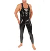 Fashion Catsuit Costumes PVC Faux Leather Black Men's Sleeveless Bodysuit Garment Clubwear Jumpsuits with Crotch Zipper