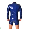 Mens bleu pvc faux cuir Catsuit Costumes Mode Manches Longues Body Justaucorps Fétiche Combinaisons avant 3-way zipper to Ass