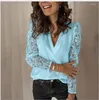 Women's Blouses Women's Patchwork Lace Long Sleeve Shirt Auyumn 2022 Bottom Top V-neck Solid Loose Fit Office Lady Pullover Sleeves