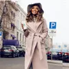 Women's Wool Women's & Blends Elegant Long Women Coat Lapel Two Pockets Belted Jackets Solid Color Loose Coats Female Winter Outerwear