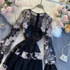 Court Style Retro French Dress Round Neck Long Sleeve Lace Hollow Hook Embroidery Heavy Industry Annual Meeting Dress