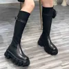 Au-dessus du genou Bottes de combat Bottines de moto Femmes Chaussures Designer Femme Rois Mode Genou-haute en cuir véritable élastique avec pochette