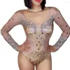 Vêtements de scène brillants diamants nus body à manches longues Sexy dames discothèque Performance vêtements femmes fête uniforme Costumes