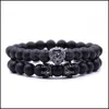 Straski z koralikami Lion Crown Bracelet Frosted Black Kead Charm Branselets Men Men Kobiet Breyband Akcesoria biżuterii Łańcuch 4 8BB G2 DHWDS