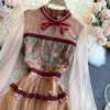 French vintage court style high-class dress round neck bubble sleeve heavy engineering mesh embroidery hook flower fairy skirt