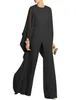 Elegante chiffon moeder van de bruid broek pakken Empire taille dames jumpsuits bruiloft gasten formele avondjurk juweel nek lange mouw witte zwarte prom slijtage 2022