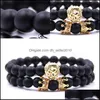 Straski z koralikami Lion Crown Bracelet Frosted Black Kead Charm Branselets Men Men Kobiet Breyband Akcesoria biżuterii Łańcuch 4 8BB G2 DHWDS