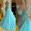 2023 Blue Mermaid Prom -klänningar ärmlös med overskirt illusion Bodice Straps Crystals Tärnad skräddarsydd kvällsklänning Formell OCN -slitage Vestidos plus storlek 401 401