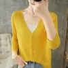 Women's Knits Tees Sunscreen Cardigan Women's Seven Points Sleeves Breathable Hollow Thin Small Jacket 22 Spring Summer V-Neck Ice Silk Knitted Top 220915