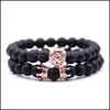 Straski z koralikami Lion Crown Bracelet Frosted Black Kead Charm Branselets Men Men Kobiet Breyband Akcesoria biżuterii Łańcuch 4 8BB G2 DHWDS