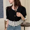 Damenjacken Korean Chic Sommer 2022 Retro O Neck Frau Hemd Nähen Spitze Haken Blume Unregelmäßige Jacekets Süße Elegante Frauen Tops