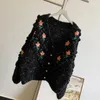 Women's Knits Thick Stitch Flower Embroidery Fashion Retro Sweater Overszie Black Button Cardigan Coat Fall Winter Women Clothes