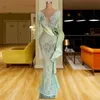 Long Heavy Sleeves Mint Green Prom Beaded Lace Appliques Party Dresses V Neck Custom Made Evening Dress