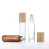 Bamboo Cap 10ml Glass Perfume Bottle Roll on Bottles Frosted Clear Amber for Fragrances Essential Oil with Stainless Steel Roller Ball