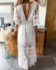 الفساتين غير الرسمية 2022 السيدات بوهو ماكسي فستان التطريز أبيض الدانتيل الشاطئ العطلة للنساء