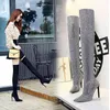 125-1 Sandals Wind Sexy Nightclub Slim Heel Super High Pointed Sequin Cloth Long Tube Knee Boots