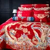 Ensembles de literie Luxe chinois mariage 4/6/9 pièces ensemble satin coton égyptien or longue broderie phénix housse de couette drap de lit taies d'oreiller